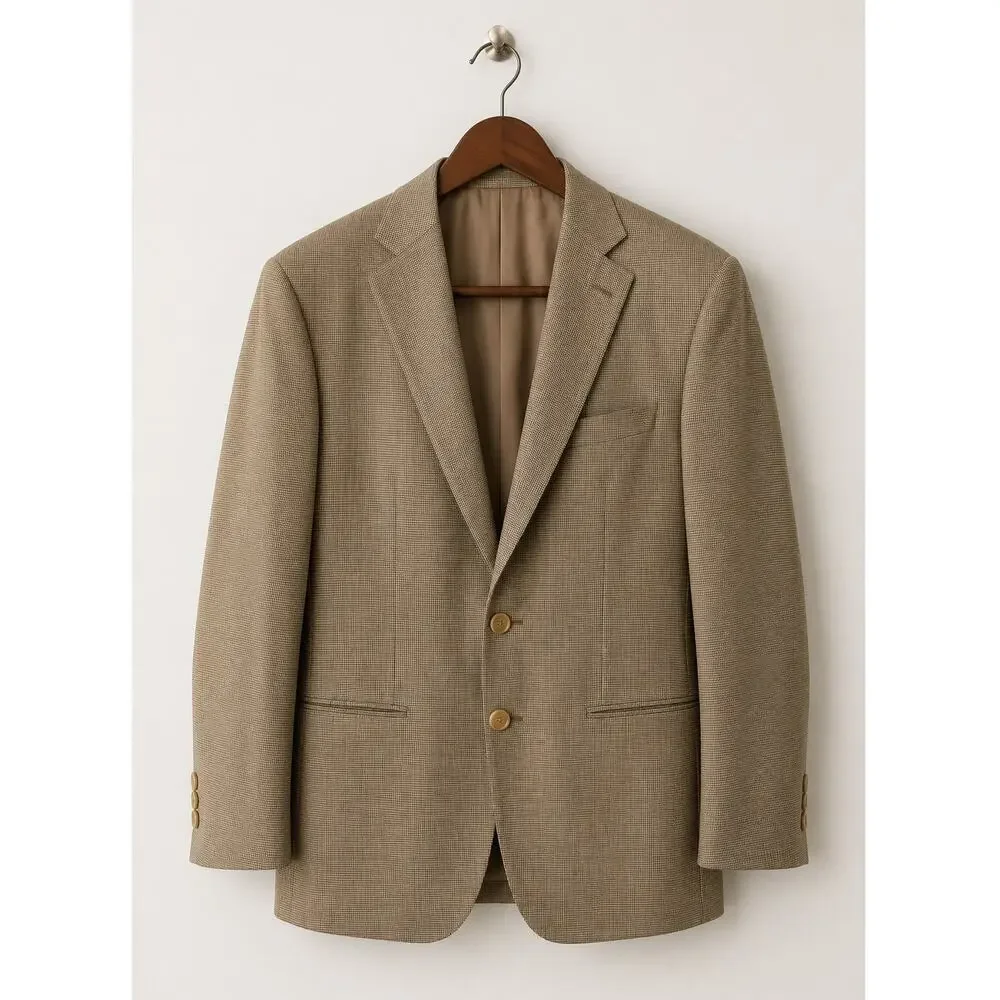 Lauren Ralph Lauren Silk & Wool Houndstooth Sport Coat Blazer 40R Tan Brown